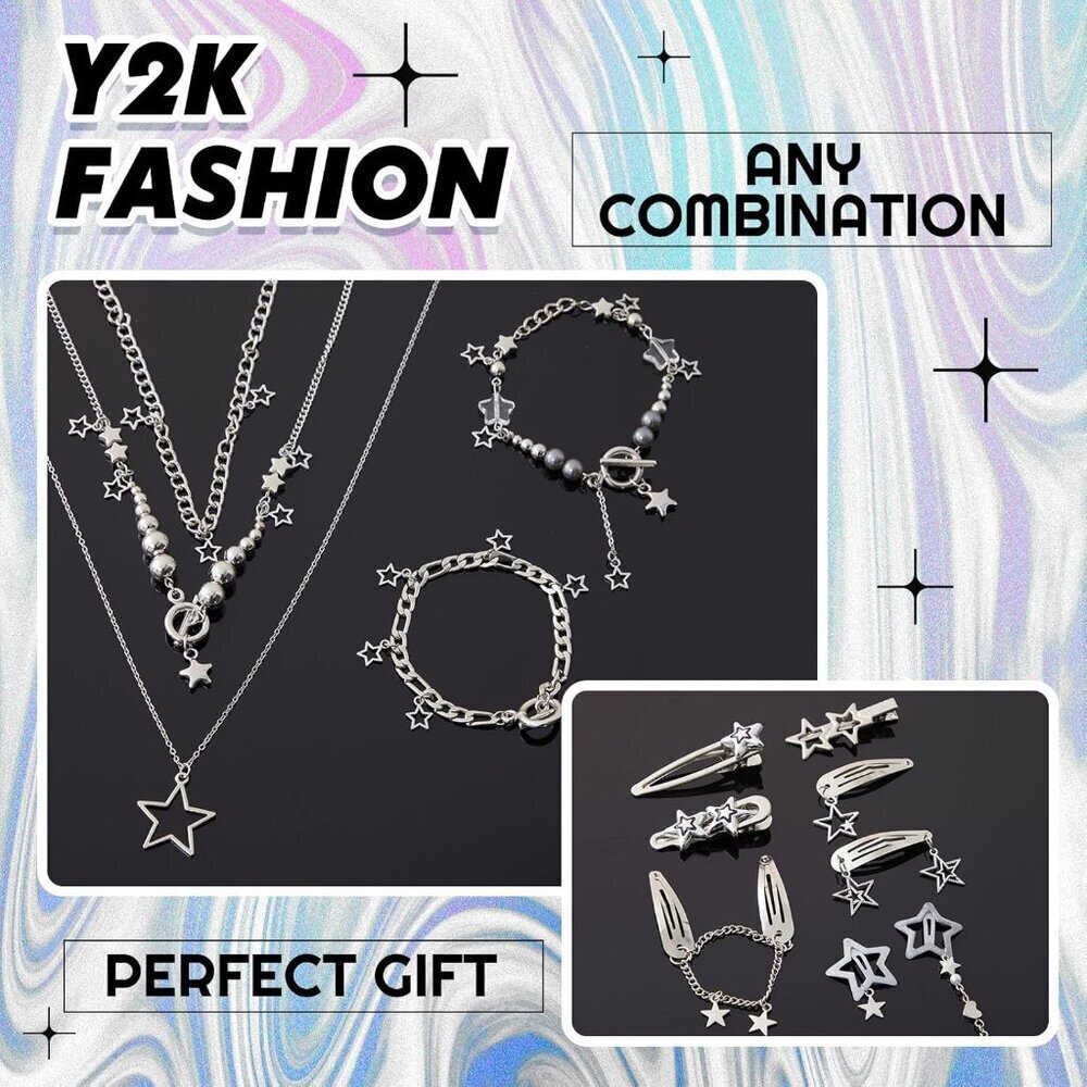 Y2K Accessories Set 13 Pcs Metal Jewelry Star Hair Clips Bracelets for Women - Picture 7 of 7